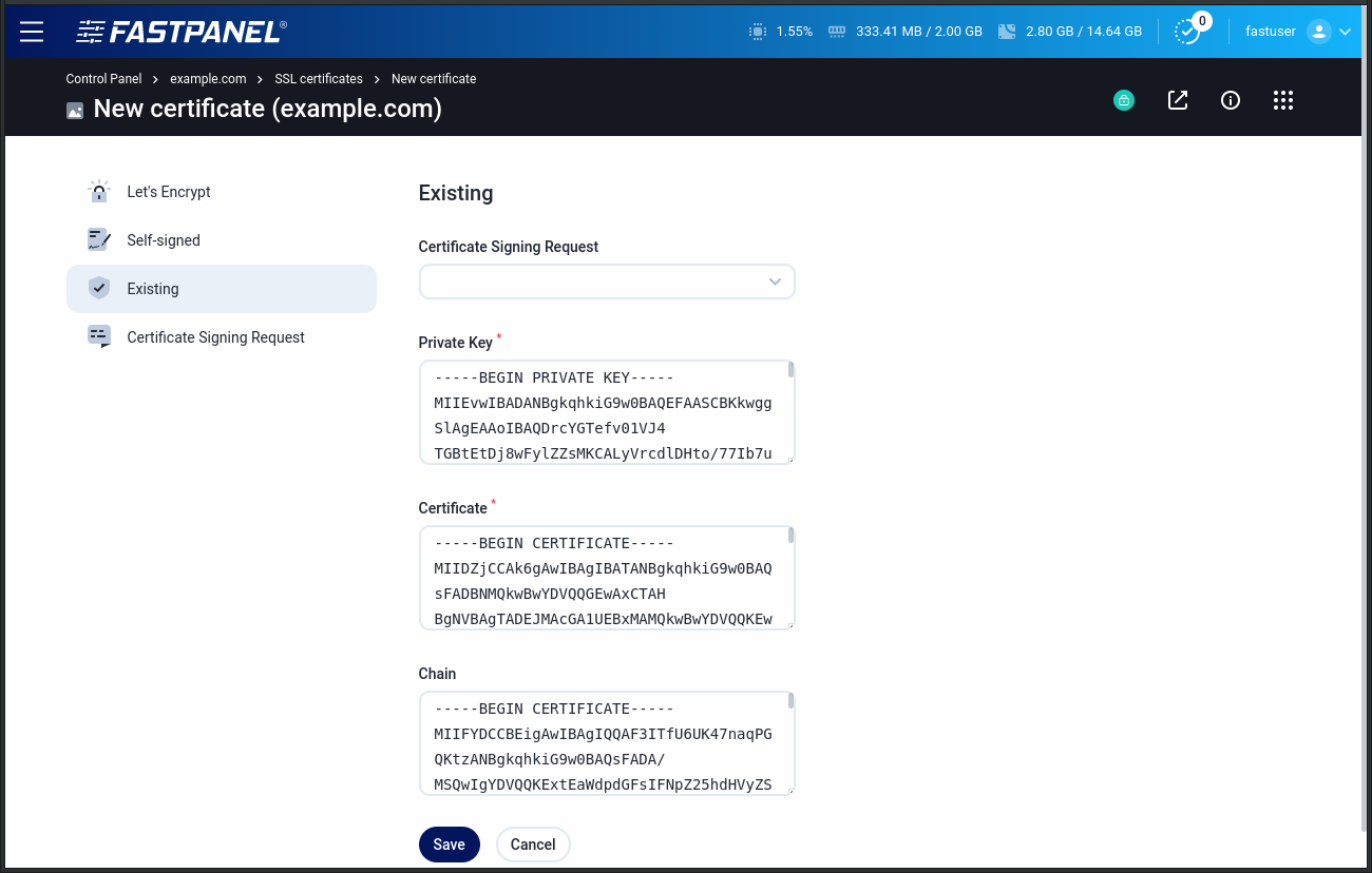 Add an existing certificate for a website in FASTPANEL