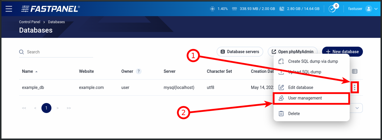 Database user management in FASTPANEL