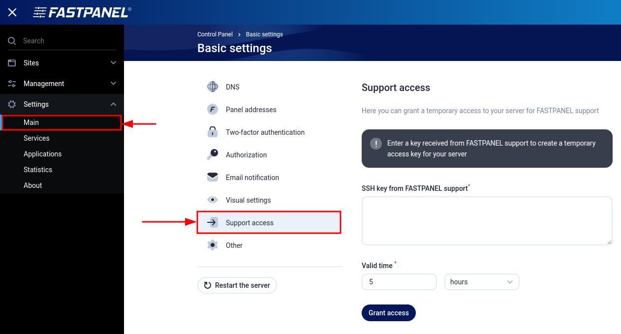 Server access menu in FASTPANEL