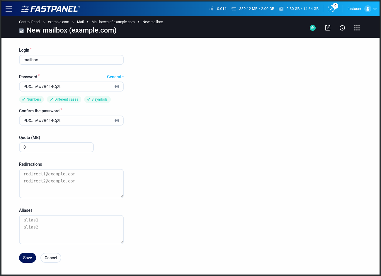 New mailbox settings in FASTPANEL