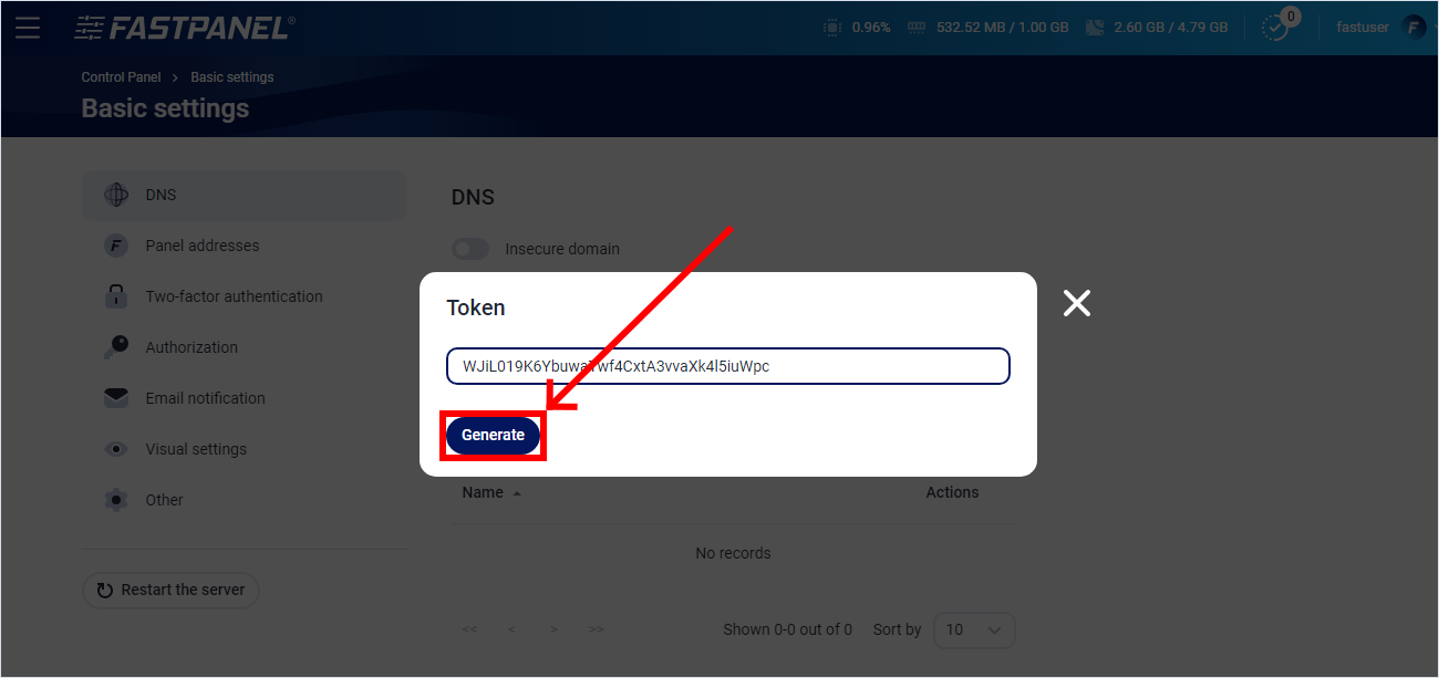 Generate token for a secondary DNS server in FASTPANEL