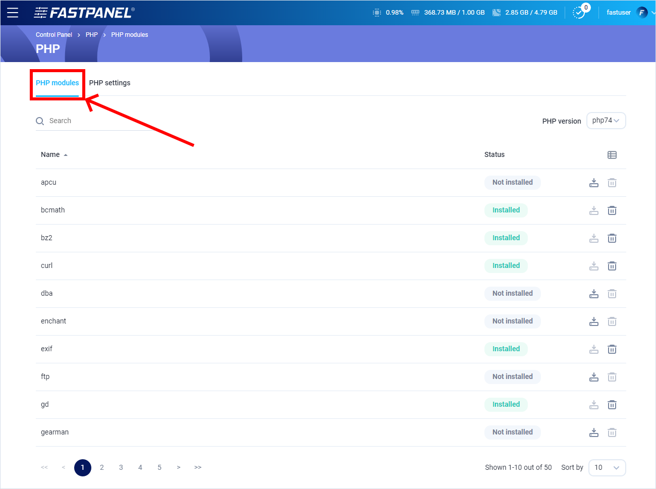 PHP modules in FASTPANEL