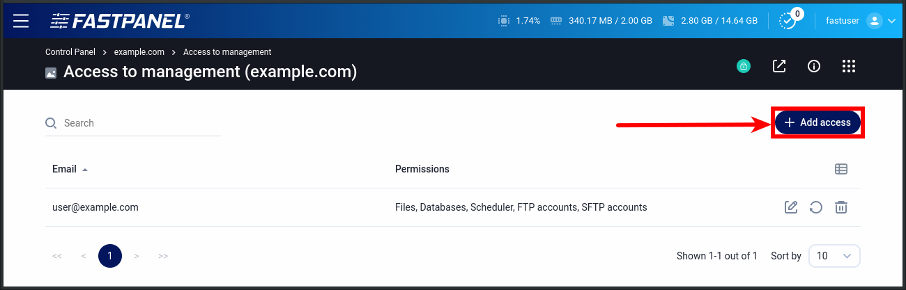 Add site access in FASTPANEL