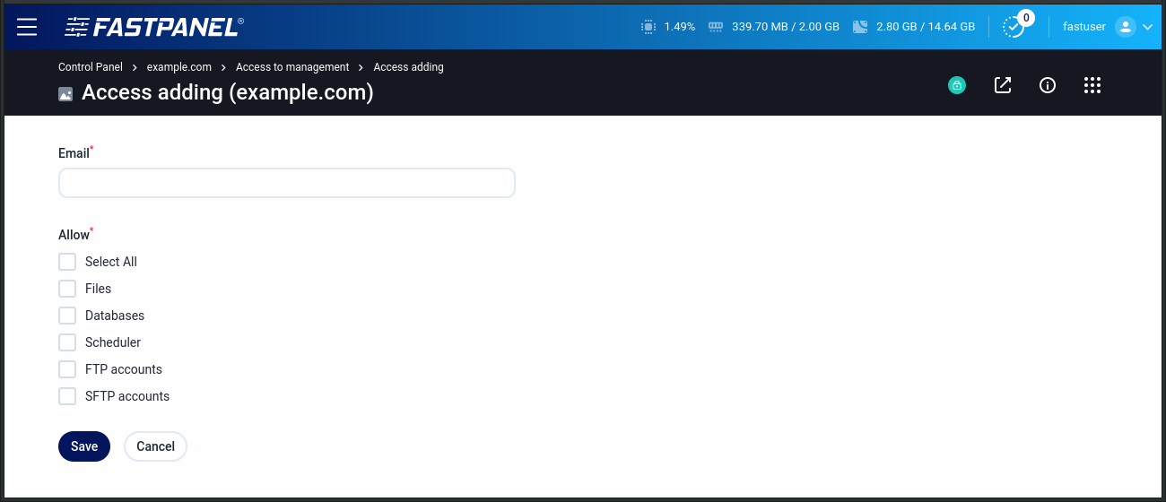 Site access configuration in FASTPANEL